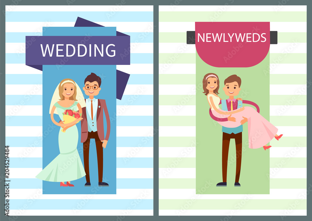 Obraz premium Wedding and Newlyweds Set Vector Illustration