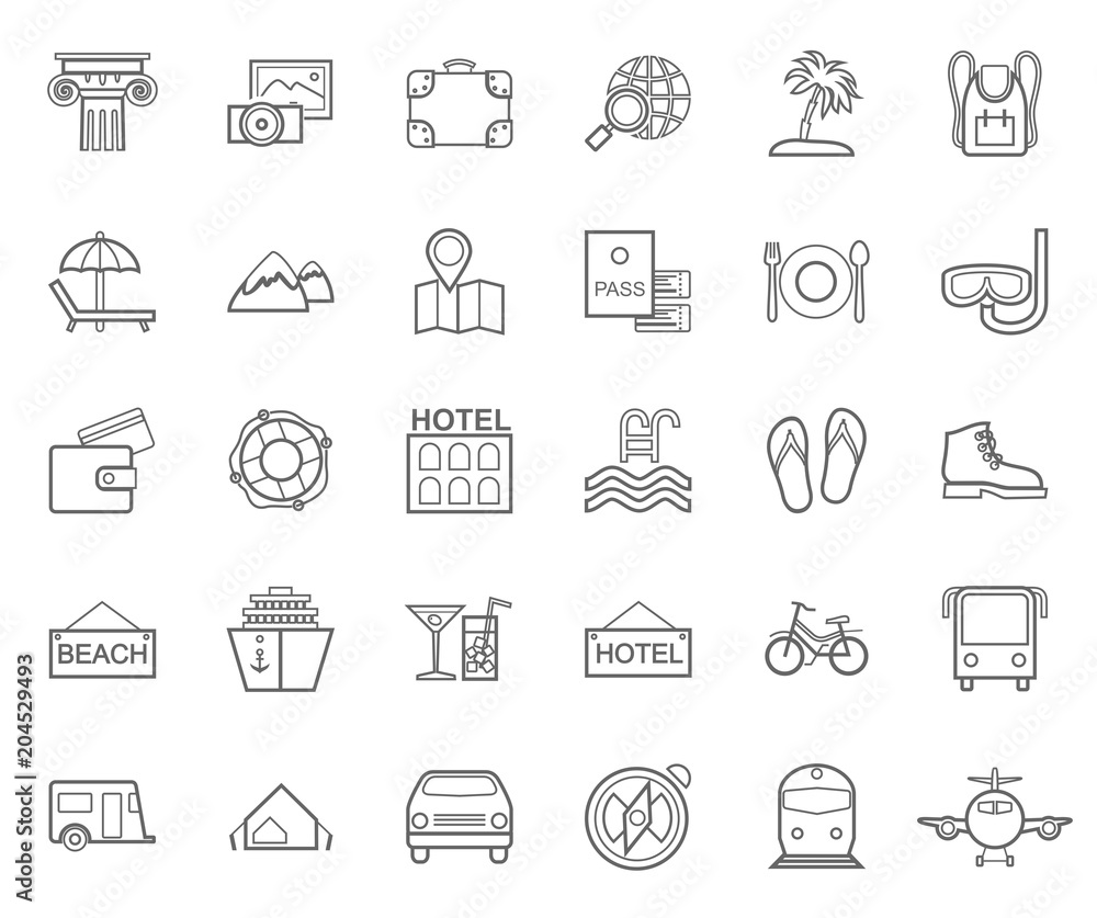Travel, vacation, tourism, leisure, monochrome icons, flat, outline, vector. Different types of recreation and ways to travel. Gray line drawings on white background. Vector.  