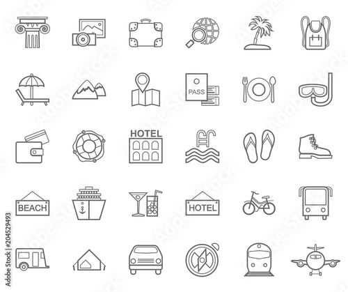 Travel, vacation, tourism, leisure, monochrome icons, flat, outline, vector. Different types of recreation and ways to travel. Gray line drawings on white background. Vector. 