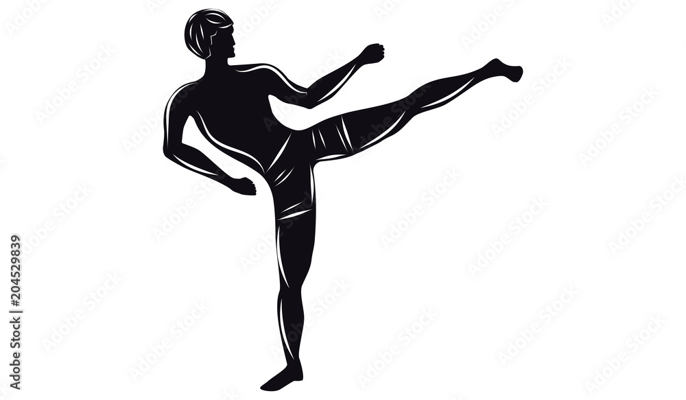 Fototapeta premium Kickboxing - black silhouette of men - isolated on white background - art vector illustration