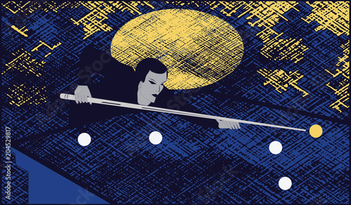 Billiards - man cue making a punch on billiard ball -art illustration vector