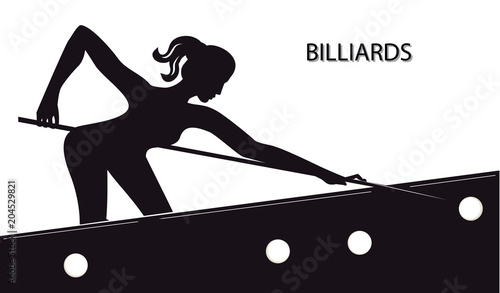 Sketch - Billiards - silhouette of woman with cue at table with balls - isolated on white background - art vector illustration