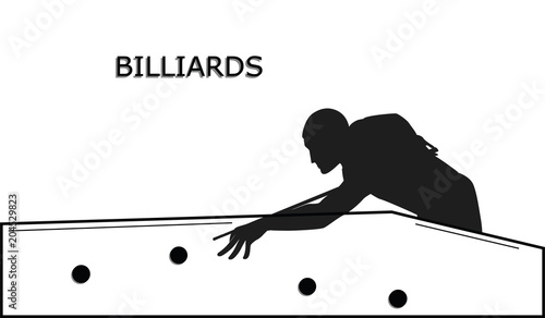 Sketch - Billiards - silhouette of man with cue at table with balls - isolated on white background - art vector illustration