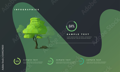 Eco infographics with low poly trees. Diagrams, percentages, progress bar. 3D tree. Web infographics, banner, presentation. Forest, ecology. Modern vector illustration, abstract background.