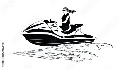 Sketch - Woman on a water motorcycle - abstract wave - isolated on white background - art vector illustration
