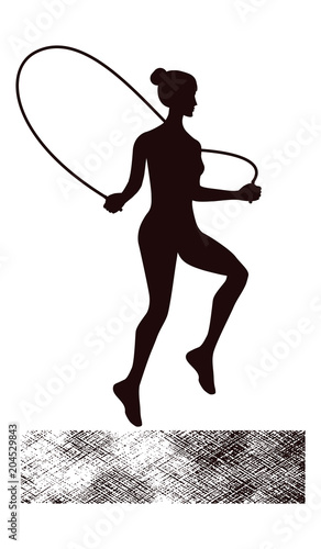 Sketch - Girl jumping with a skipping rope - isolated on white background - art vector illustration