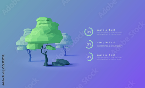 Eco infographics with low poly trees. Diagrams, percentages, progress bar. 3D tree. Web infographics, banner, presentation. Forest, ecology. Modern vector illustration, abstract background.