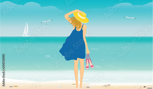 Seascape with surf, yacht, seagulls - Woman in hat and summer dress, in hand holds sandals - vector art illustration
