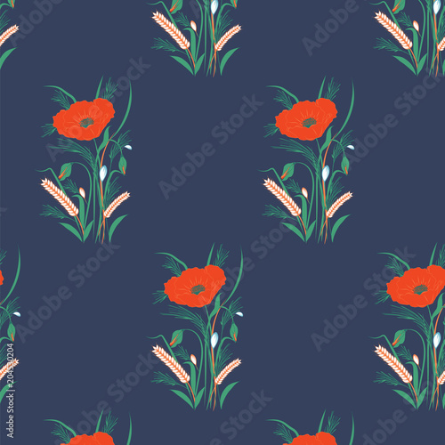 Pattern - wildflowers - Red poppies  buds  ears of wheat - dark blue background - art vector