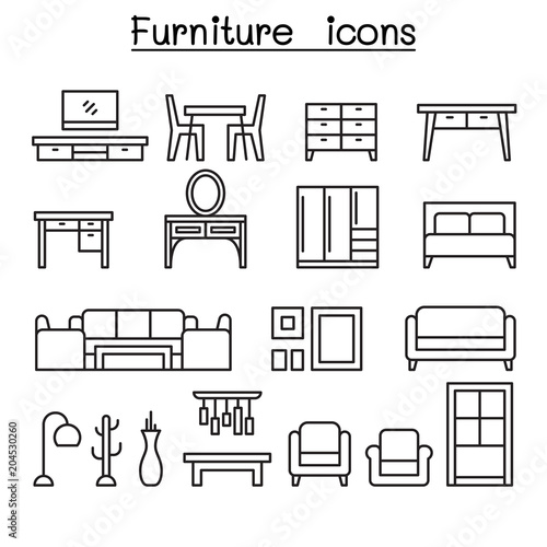 Basic Furniture icon set in thin line style