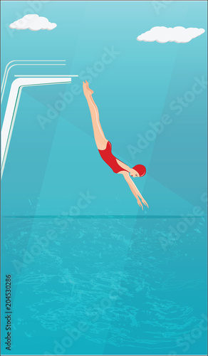 Water sports. Woman jumping from a springboard into the water - abstract grunge background - vector art.