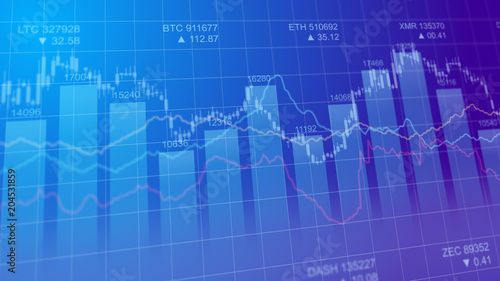 Bar graph of cryptocurrency stock exchange market indices concept. Abstract currency rate chart purple background.