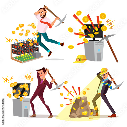 Mining Farm Set Vector. Businessman Miner. Virtual Currency. World Transfer. Datacenter Device. Server Room. Farming Coins. Technology Online. Isolated Flat Cartoon Illustration