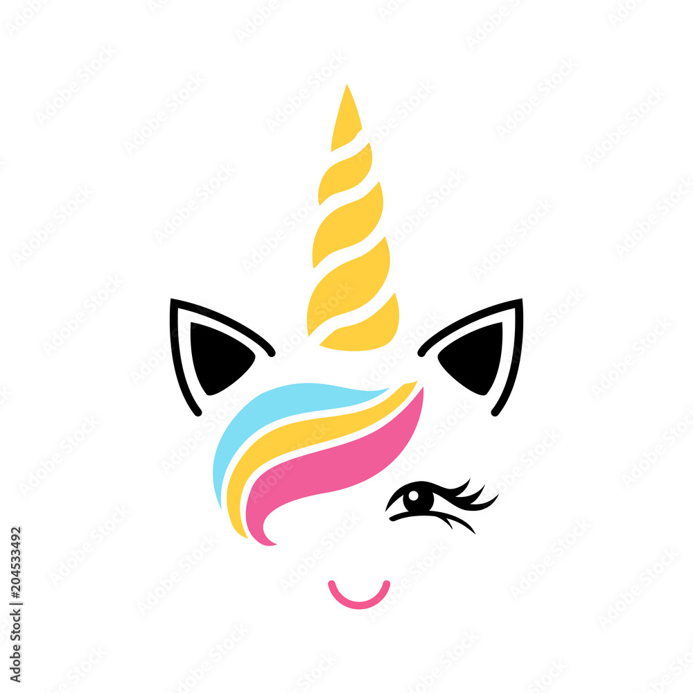 Happy unicorn face vector. Cute unicorn face. Design for child  card,t-shirt.Girls,kid.magic concept.Isolated on white background. Horse  with gold horn and beauty rainbow hair. vector de Stock | Adobe Stock