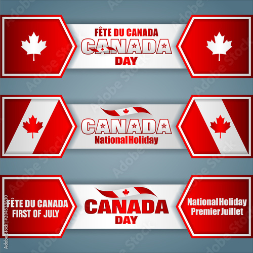 Set of web banners with texts and national flag colors, for first of July, Canada day, celebration; Vector illustration