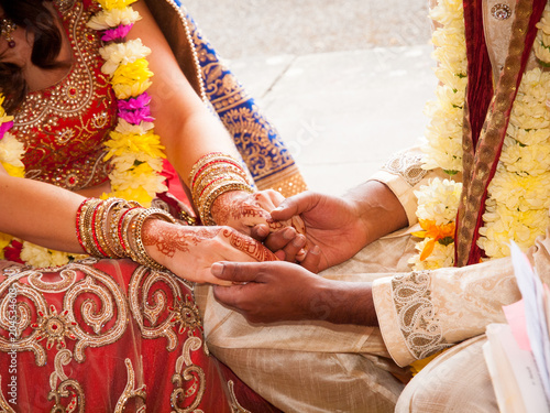 The hand of the bride held by a groom during a traditional ritual in an Indian Hindu Wedding photo