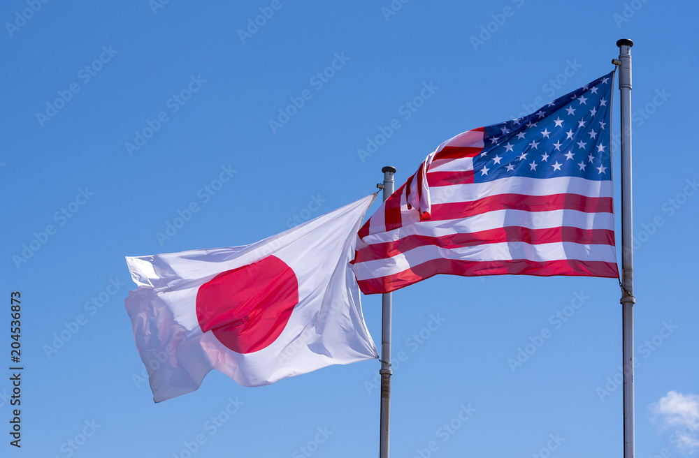 Fototapeta premium American and Japanese Flags waving against blue Sky