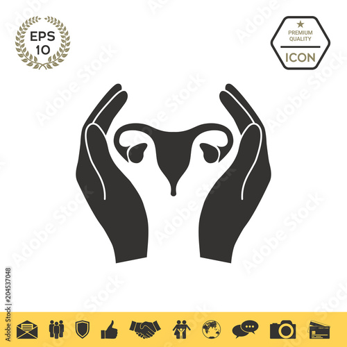 Hands holding Female uterus - protection icon