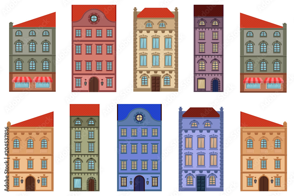 Houses. Set of different old european buildings. Flat style