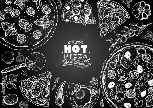 Italian pizza and ingredients top view frame. Italian food menu design template. Vintage hand drawn sketch, vector illustration. Engraved style illustration. Pizza label for menu.