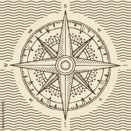 Hand-drawn vector banner with a wind rose and old nautical compass in retro style. Illustration on the theme of travel and discovery on the background with waves