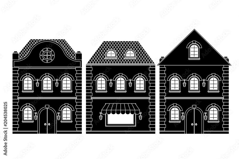 Houses. Black drawing. Old european buildings