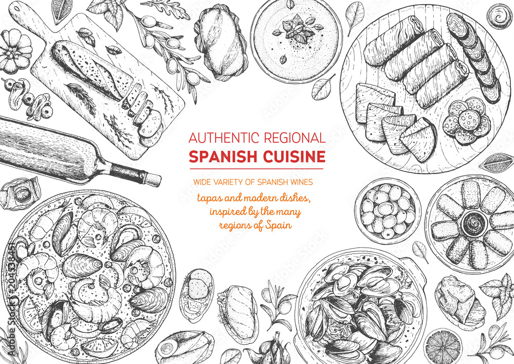Spanish cuisine top view frame. A set of spanish dishes with croquetas, bocadillo, paella, gaspacho, tapas. Food menu design template. Vintage hand drawn sketch vector illustration. Engraved image Spanish cuisine top view frame. A set of spanish dishes with croquetas, bocadillo, paella, gaspacho, tapas. Food menu design template. Vintage hand drawn sketch vector illustration. Engraved image