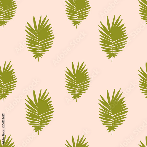 Tropical background with green hand drawn palm leaves on pastel pink. Tropic seamless pattern. Vector.