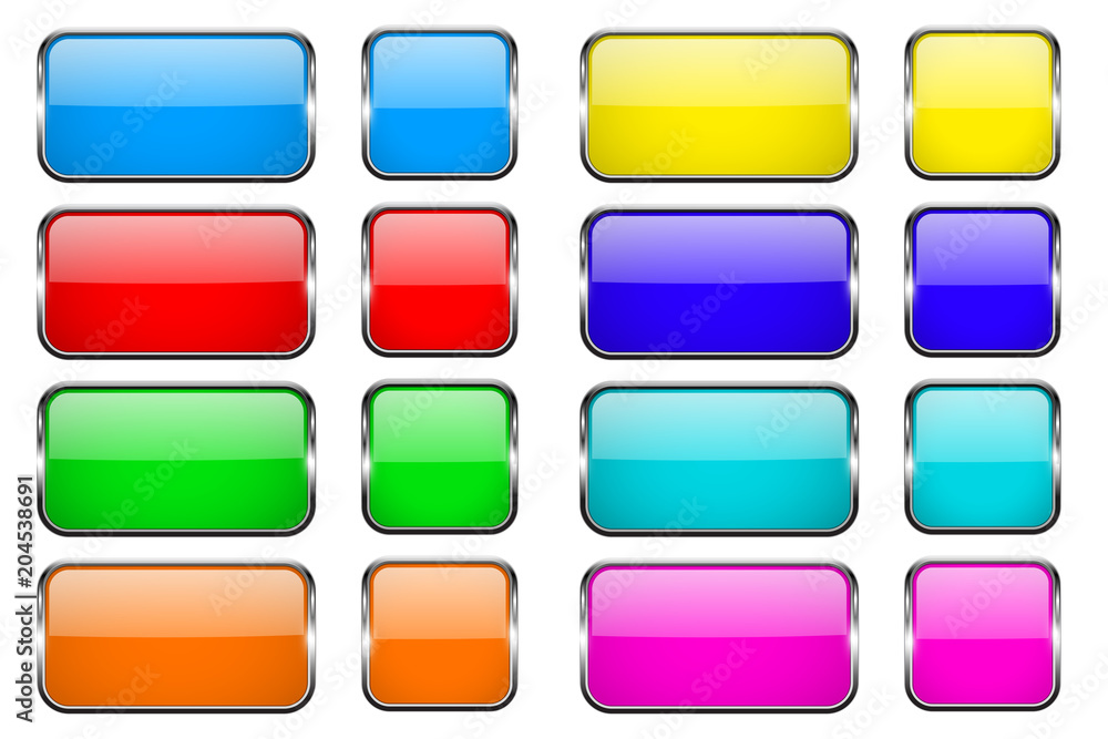Colored rectangle glass 3d buttons with metal frames Colored rectangle glass 3d buttons with metal frames