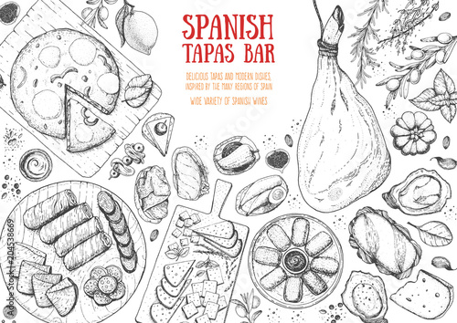 Spanish cuisine top view frame. A set of spanish dishes with hamon, tortilla, croquettes, tapas, sausages . Food menu design template. Vintage hand drawn sketch vector illustration. Engraved image