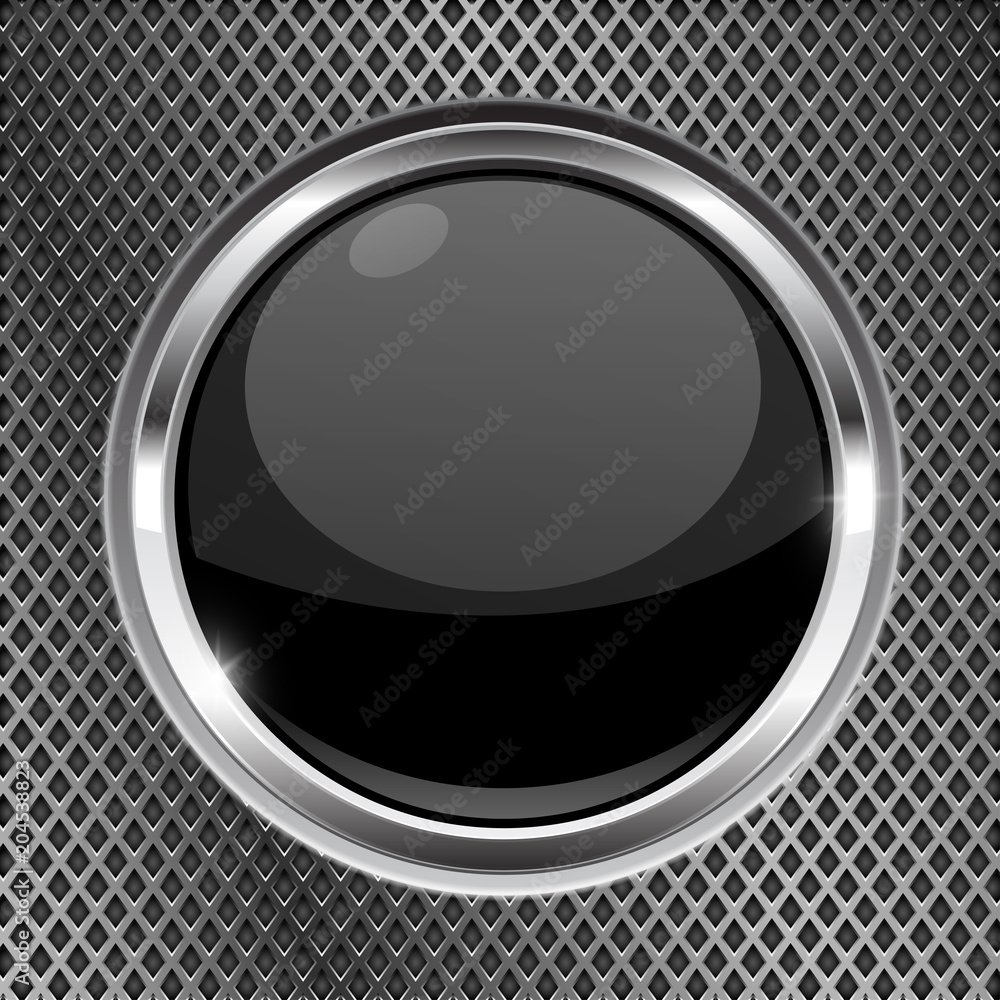 Black button with chrome frame on metal background. Round glass shiny 3d icon Black button with chrome frame on metal background. Round glass shiny 3d icon