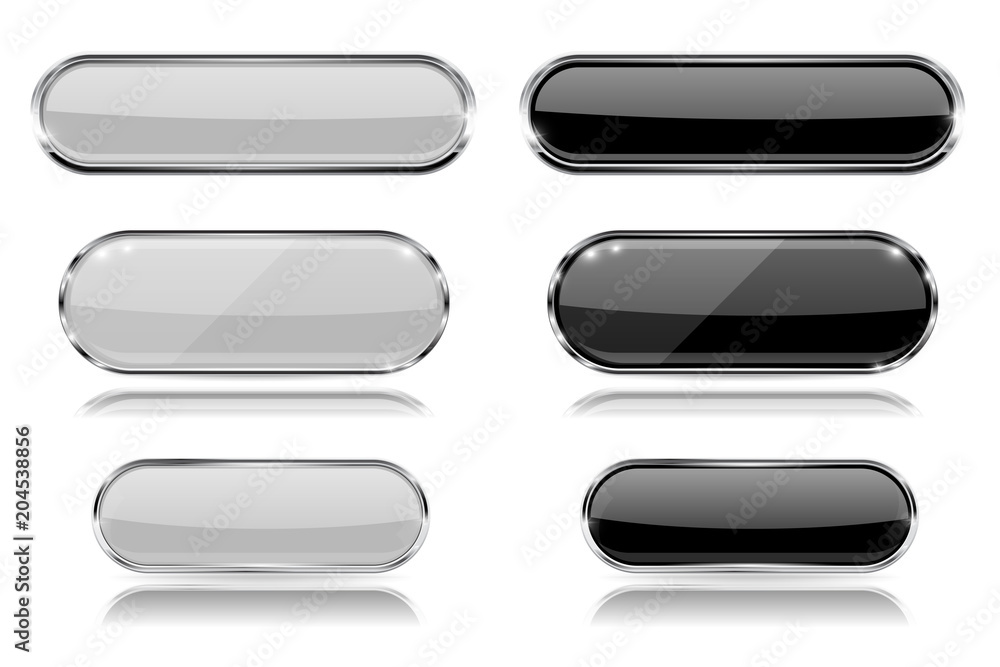Black and white oval glass buttons with metal frame. Set of 3d icons Black and white oval glass buttons with metal frame. Set of 3d icons