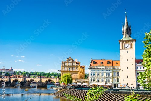 Bird view of Old Town Charles (Karluv most) Bridge Tower arched gateway in Prague, Czech Republic