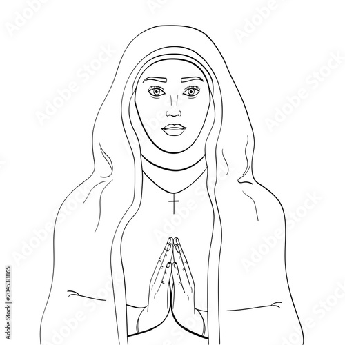Children coloring book. Black lines on a white background votaress, God sister prays. In black and white clothes.