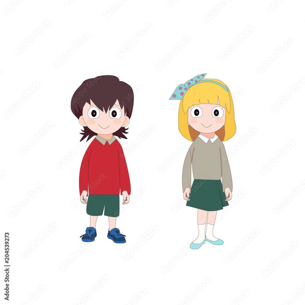 Girl and boy in school uniform, cute cartoon kids. Vector illustration Girl and boy in school uniform, cute cartoon kids. Vector illustration