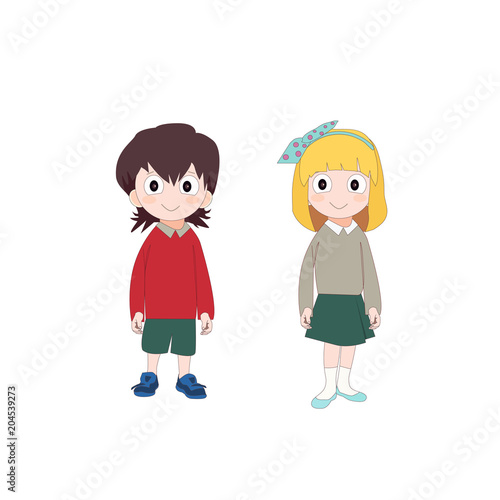 Girl and boy in school uniform, cute cartoon kids. Vector illustration