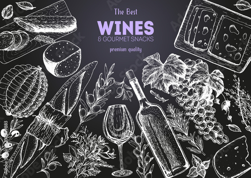 Wines and gourmet snacks frame vector illustration. Cheese, sausages, bread, grape hand drawn. Gourmet food set.
