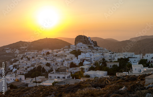 Panoramic view of Amorgos with its castle, at sunset