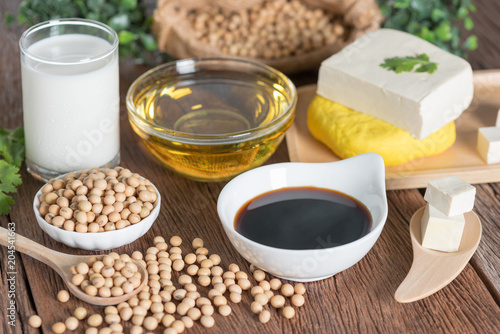 Various soy products with soy sauce, tofu, oil, soy bean and soy milk.