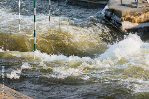 Rafting way cascades. Vltava river, Prague, Czech.