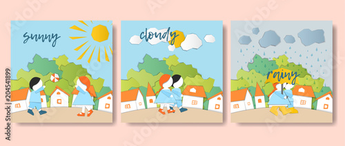 Vector Characters. Weather Forecast in papercut style. Girl and boy outdoors on a sunny/cloudy/rainy day.Children's applique style