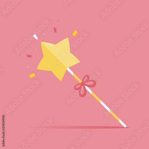 Cute and funny cartoon style magic wand with ribbon on pink background.