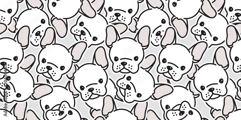 Dog seamless pattern french bulldog vector pug head isolated background wallpaper repeat cartoon white