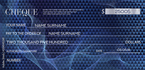 Check (cheque), Chequebook template. Guilloche pattern with abstract watermark. Dark blue background for banknote, money design, currency, bank note, Voucher, Gift certificate, Coupon, ticket