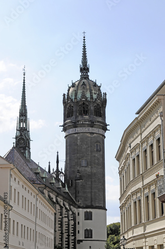 Teilansicht, Turm der evangelischen Schlosskirche, Lutherstadt Wittenberg, Sachsen-Anhalt, Deutschland, Europa