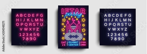 Iftar party invitation design template vector. Iftar Party leaflet flyer modern style, neon style, light banner, festive advertising for Islamic festival, Arabic culture. Editing text neon sign
