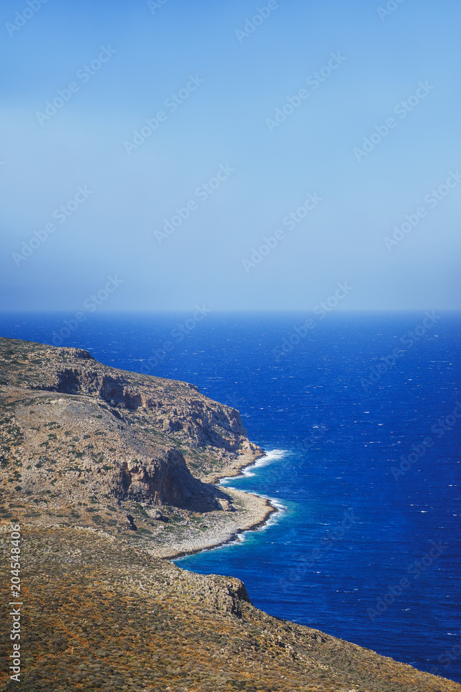 Beautiful seascape with blue sea, Crete, Greece.