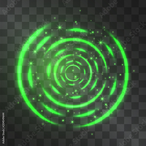 Vector abstract green neon light effect blue circles background. Glowing decorative swirl effect, luminous rings on black. Illustration of illumination painting. Meditative pulsing, twinkling shapes.