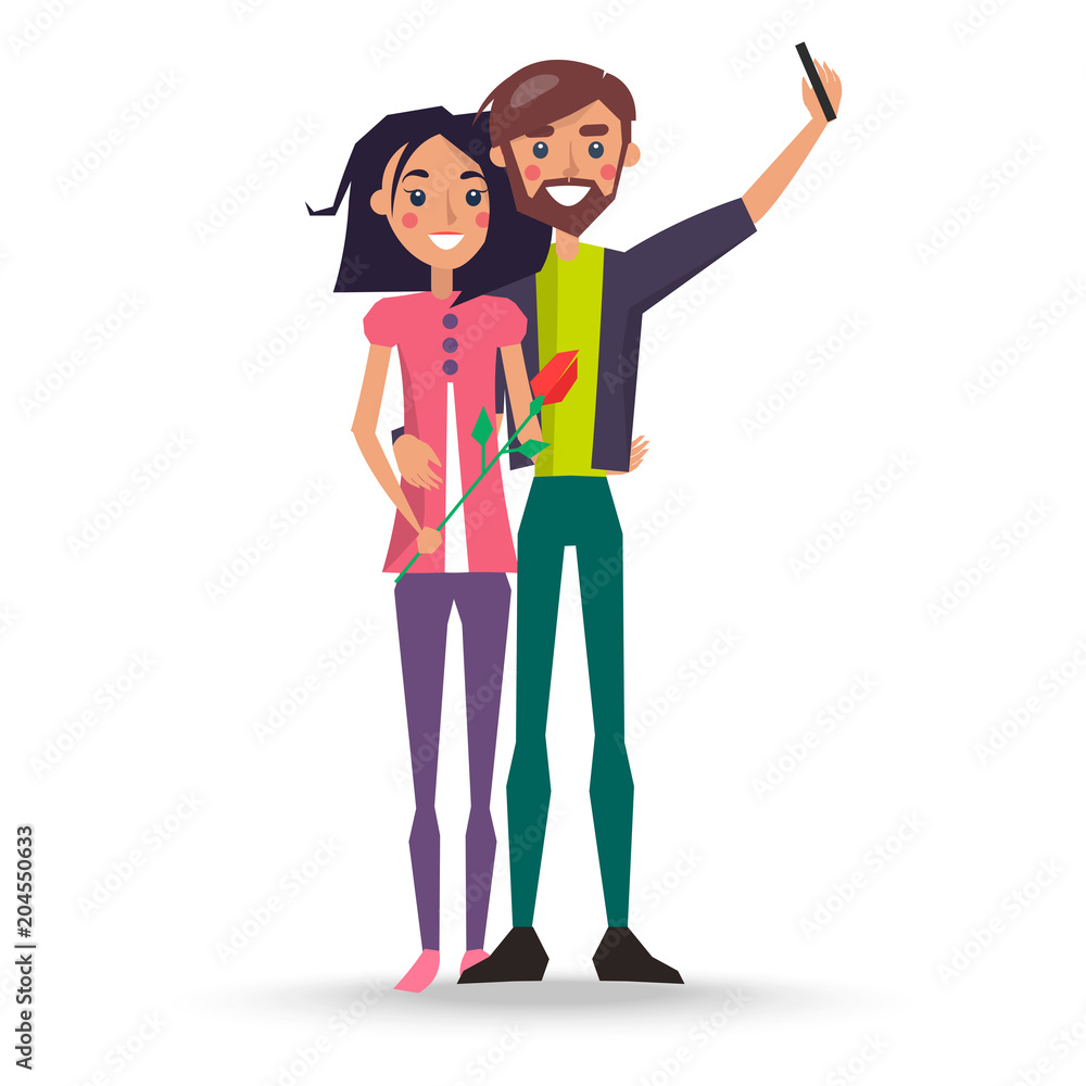 Fototapeta premium Female with Rose Flower and Male Makes Selfie