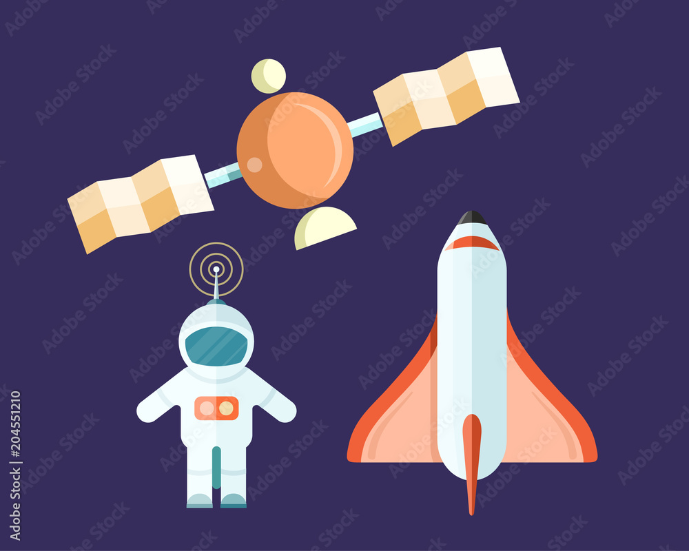 Spaceman and Flying Satellite with Rocket Poster